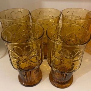 Set of 5 Vintage Libbey Amber Daisy Glasses